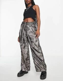 Free People Wide Leg Trousers In Metallic Gunmetal Grey For Women Gunmetal Combo