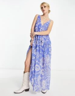 Free People Paisley Print V-neck Floaty Midaxi Dress In Bluebell For Women Bluebell Combo