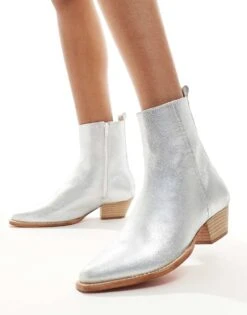 Free People Bowers Leather Western Ankle Boots In Silver For Women