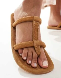 Free People Suede Contrast Stitch Flat Sandals In Cinnamon For Women