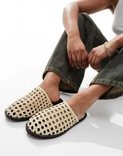 Free People Woven Leather Slip On Mules In Buttermilk For Women