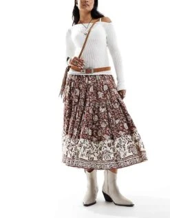Free People Batik Print Vintage Look Midi Skirt In Chocolate For Women Chocolate Combo