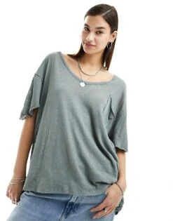 Free People Slouchy Slub T-shirt In Khaki Grey For Women Dried Basil