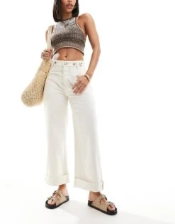 Free People Straight Leg Cuffed Jeans In Ecru For Women Eggshell