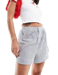 Free People Striped Cotton Boxer Shorts In Blue And White For Women Navy Stripe