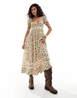 Free People Shirred Chintzy Floral Midaxi Dress In Neutral For Women Ditsy Floral Neutral