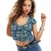 Free People Ruched Floral Mesh Scoop Top In Blue For Women Seagrass Combo
