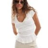 Free People Ribbed Ruffle Lace V-neck Tshirt In Ivory For Women