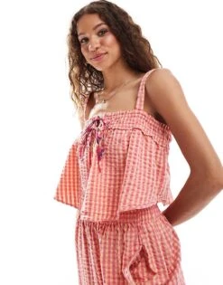 Free People Gingham Floaty Top In Pink For Women Pink Combo