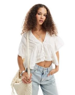 Free People Low V Neck Floaty Blouse With Broderie In Ivory For Women