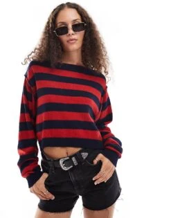 Free People Slash Neck Striped Jumper In Multi For Women Red Combo
