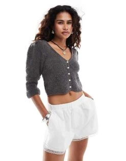 Free People Soft Textured Cropped Cardigan In Charcoal For Women Charcoal Grey