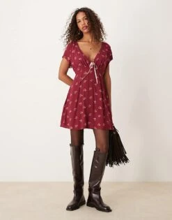 Free People Tie-detail Mini Tea Dress In Raspberry For Women Earth Red Combo