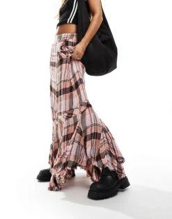 Free People Grunge Plaid Maxi Skirt In Pink Multi For Women Soft Combo - Siren P