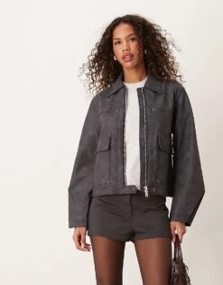 Free People Winnie Faux Leather Motor Jacket In Charcoal For Women Charcoal Combo