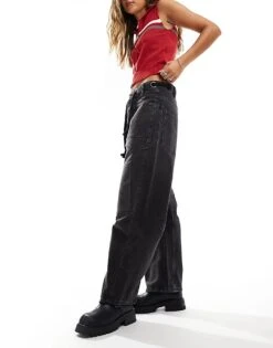 Free People Moxie Mid Rise Barrel Jean In Washed Charcoal For Women Night Hawk