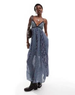 Free People Beaded Detail Printed Cami Midi Dress In Blue For Women Blue/black