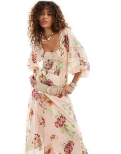 Free People Rose Floral Print Shirred Boho Midaxi Dress In Pink For Women
