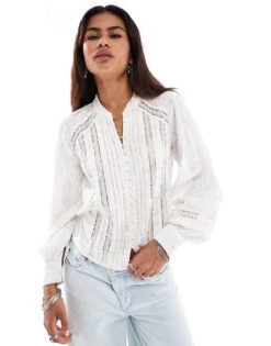 Free People Button Through Broderie Lace Blouse In White For Women Optic White