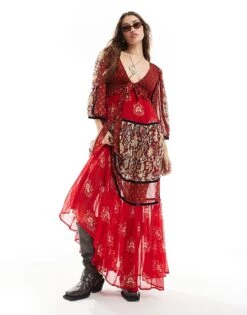 Free People Print Insert Boho Maxi Dress In Red For Women Warm Combo