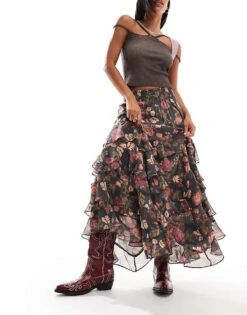 Free People Floral Print Tiered Maxi Skirt In Multi For Women Wash Black Combo