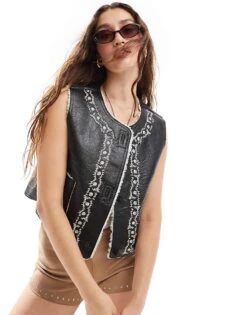 Free People Faux Leather Embroidered Vest Top In Black For Women Black/cream