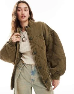 Free People Oversized Quilted Bomber Jacket In Khaki For Women Laurel Oak