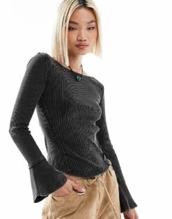Free People Ribbed Boat Neck Long Sleeve Top In Washed Black For Women