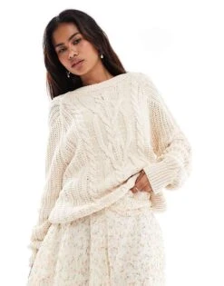 Free People Cable Knit Oversized Jumper In Ivory For Women