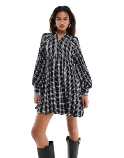 Free People Check Print Mini Slouchy Shirt Dress In Black For Women Black Combo