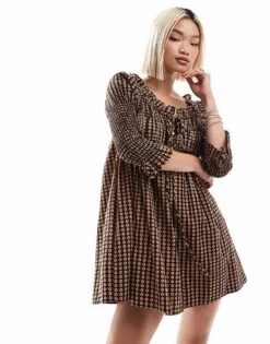 Free People Check Print Tie-detail Mini Smock Dress In Black Multi For Women Black Combo