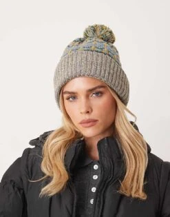 Free People Pom-pom Fairisle Knitted Beanie Hat In Grey And Green For Women Sage