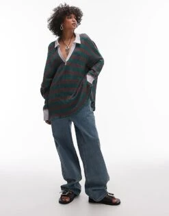 Free People Striped Polo Rugby Sweater In Green Green For Women Green Combo