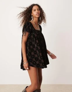 Free People Floral Print Velvet Puff Sleeve Tunic Mini Dress In Black For Women Black Combo
