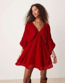 Free People Velvet Balloon Sleeve Mini Dress In Red For Women Rubies