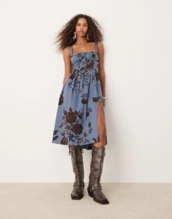 Free People Floral Bloom Print Corset Cami Midi Dress In Deep Blue For Women Storm Combo