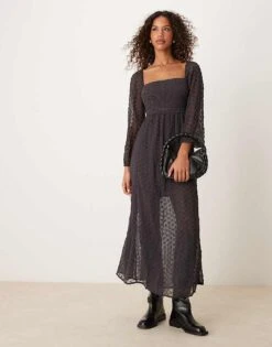 Free People Lace Overlay Puff Sleeve Midaxi Dress In Dark Grey For Women Dark Scales
