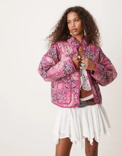 Free People Paisley Patchwork Quilted Jacket In Pink For Women Sweethearts