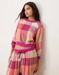 Free People Plaid Flannel Pyjama Top Co-ord In Pink Multi For Women Warm Combo