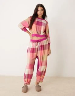 Free People Plaid Flannel Pyjama Trouser Co-ord In Pink Multi For Women Warm Combo