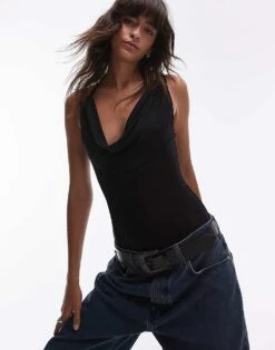 Free People Cowl Neck Slinky Bodysuit In Black For Women