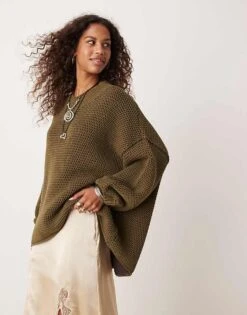 Free People Maisie Chunky Two Tone Jumper In Olive For Women Olive Fudge