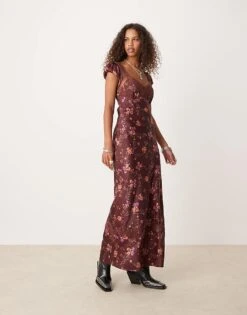 Free People Butterfly Babe Floral Print Satin Midaxi Dress In Brown For Women
