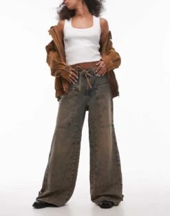 Free People Outlaw Wide Leg Distressed Jean In Memphis Brown For Women