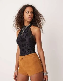 Free People Lace Flocked Bodysuit In Black For Women
