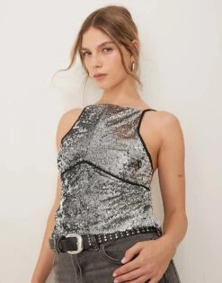 Free People Silver Sequin Backless Cami Top In Silver For Women Silver Combo