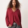 Free People Stitch Detail Relaxed Waffle Henley Sweat In Red For Women Aged Red Combo
