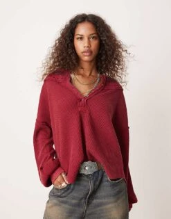 Free People Stitch Detail Relaxed Waffle Henley Sweat In Red For Women Aged Red Combo