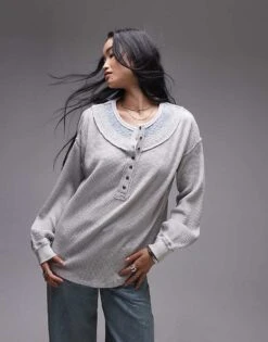 Free People Stitch Detail Relaxed Waffle Henley Sweat In Heather Grey For Women