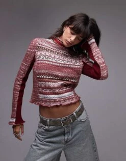 Free People Fairisle Long Sleeve Rollneck Jumper In Rhubard For Women Rhubarb Combo